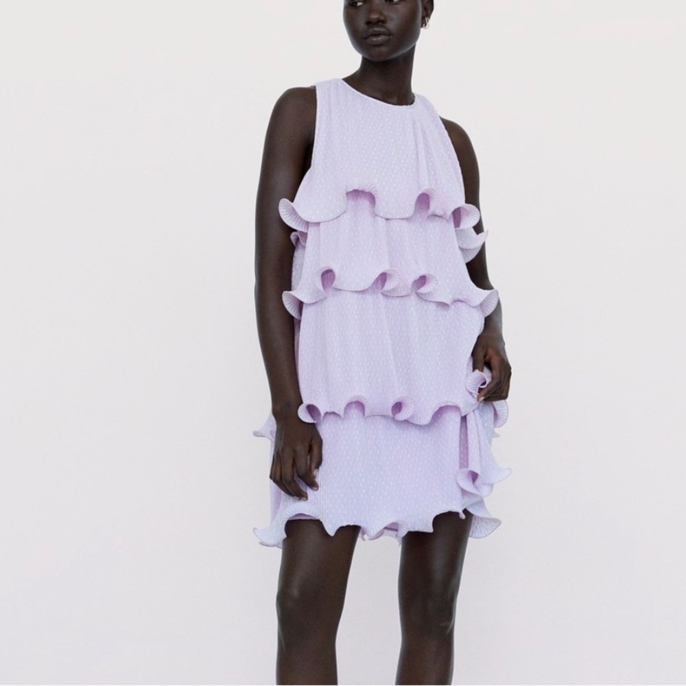 ZARA PLEATED RUFFLED DRESS Light lilac Size Large